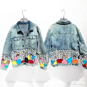🌻Painted Crowd Crying Theme Men's Large Blue Denim Jacket by Designer Fuller